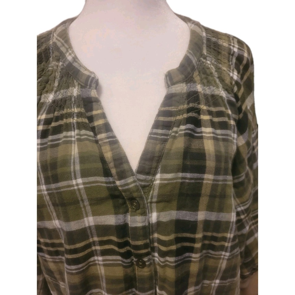 Time and Tru Women's 3/4 Sleeve 100% Cotton Plaid Green Smocked Top SZ XXXLarge - Picture 3 of 8
